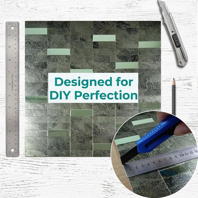 XUANINY Peel and Stick Tile Backsplash Self- Adhesive Wall Tiles Aluminum Mosaic Sticker for Kitchen (11.33"x11.92" Per Sheet, Pack of 5 pcs) (Ink Green 5)
