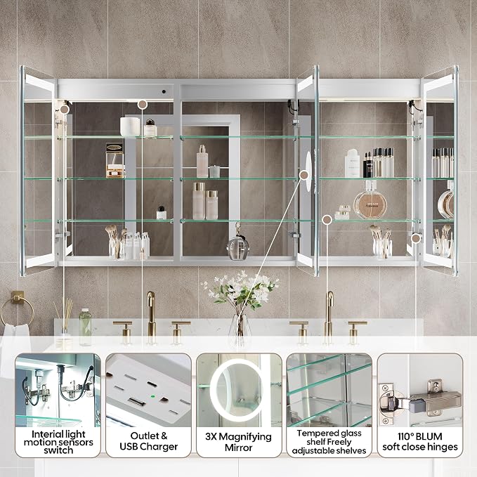 WELLFOR 48" X 30" Bathroom LED Medicine Cabinet with Mirror, Medicine Cabinet with Lights, Bathroom Mirror with Storage, Dimmer, Defogger, Outlets & USB Ports, Lighted Mirror Cabinet