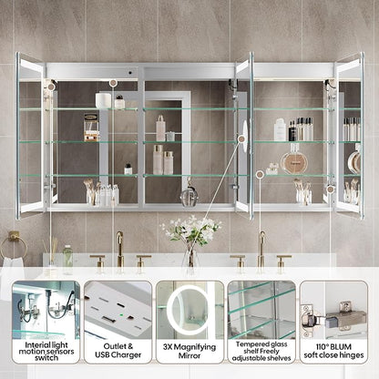 WELLFOR 48" X 30" Bathroom LED Medicine Cabinet with Mirror, Medicine Cabinet with Lights, Bathroom Mirror with Storage, Dimmer, Defogger, Outlets & USB Ports, Lighted Mirror Cabinet