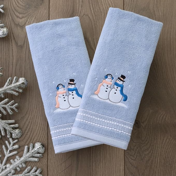 SKL Home Christmas/Winter Glitz Snow Couple Hand Towel Set-2pc, Light Blue | 100% Cotton. Soft, decorative velour with embroidery. For use in the bathroom, kitchen or bar & holiday gifting.