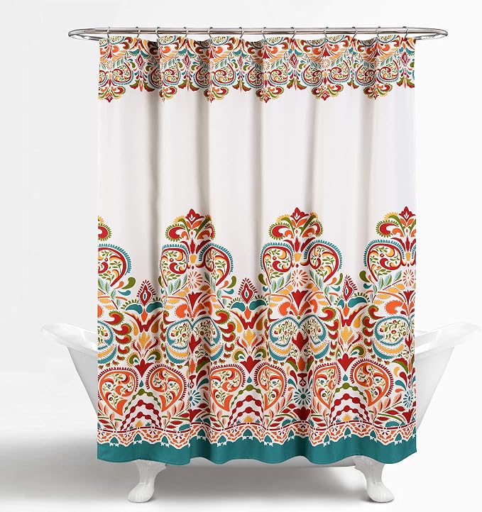 Lush Decor Clara Shower Curtain Single 72" W x 72" L Turquoise & Tangerine - Fabric Shower Curtains for Bathroom - Colorful Bathroom Curtain - Boho Décor