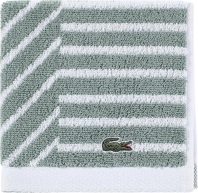 Lacoste Guethary Striped Towel – 100% Cotton, Reversible Modern Geometric Design, Soft & Absorbent, Durable & Lightweight, Machine Washable – Aloe, 13"x13" Washcloth