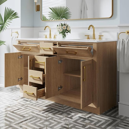 60-Inch Bathroom Vanity with Double Sinks W/ 4 Doors & 4 Drawers & 2 Flip Drawers, Oak Vanity W/Brushed Gold Handles