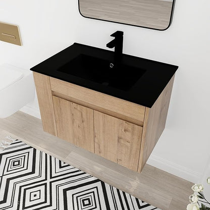 30 Inch Bathroom Vanity with White Sink Combo, Wall-Mounted Bathroom Vanity 2 Door&Adjustable Shelf,Modern Floating Bathroom Cabinet with Black Top Basin & Storage Cabinet,Brown