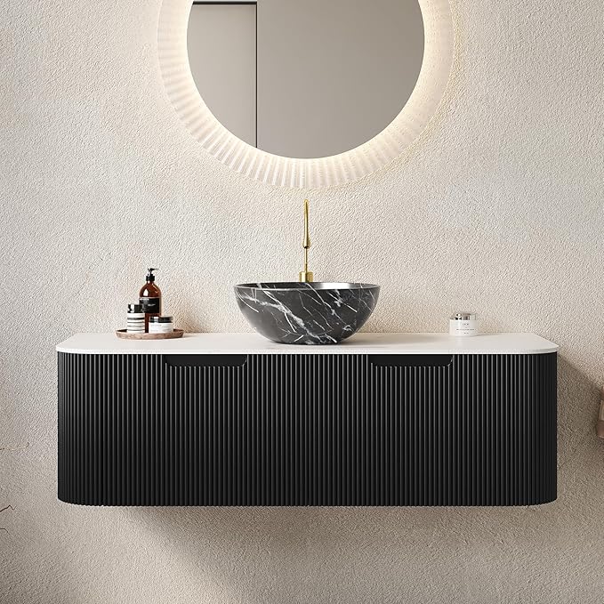 Yayzy 48" Floating Bathroom Vanity with Sink, Solid Wood Fluted Cabinet, White Marble-Patterned Ceramic Basin & Faux Marble Top, Soft-Close Drawer, Pre-Assembled, Gloss Black