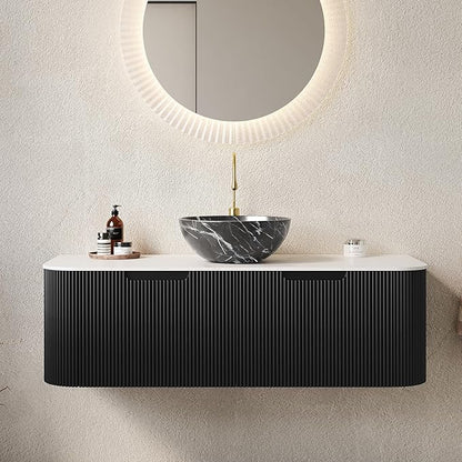 Yayzy 48" Floating Bathroom Vanity with Sink, Solid Wood Fluted Cabinet, White Marble-Patterned Ceramic Basin & Faux Marble Top, Soft-Close Drawer, Pre-Assembled, Gloss Black