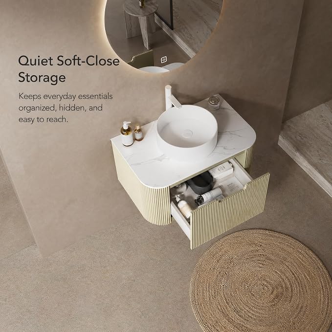 30 Inch Bathroom Vanity with Sink, Floating Wall Mounted Single Sink Vanity, Sage Green Curved Fluted Front, Stone Top, Pure White Round Vessel Basin, Pre-Assembled