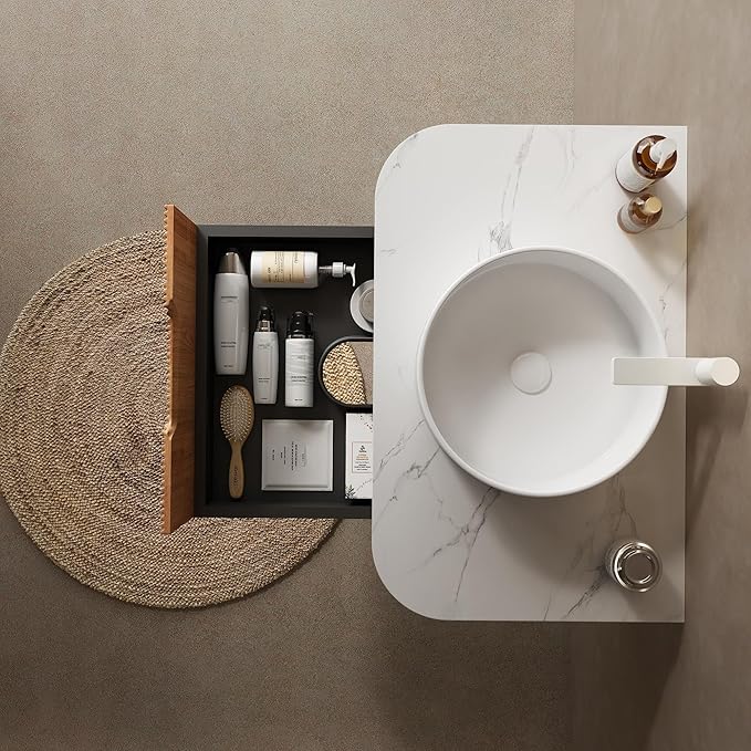 30'' Floating Vanity with Sink Combo, Modern Wall-Mounted Curved Edges Striped Bathroom Storage Cabinet with Soft-Close Drawer and White Artificial Marble Basin, Natural Walnut