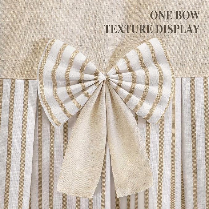 Farmhouse Shower Curtain Linen Bow Pleated Beige Stripe 72"W x 84"L | Farmhouse Style, Chic Bow, Striped, Linen Fabric, Rustic, Country, Natural Look, Washable, for Bathroom Bathtub