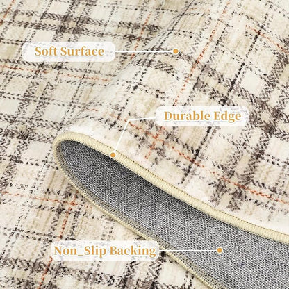 Tartan Plaid Washable Round Rugs, Non-Slip Soft Round Rug 4ft Ultra-Thin, Small Boho Circle Stain Resistant Low Pile Carpet for Entryway Kitchen Bedroom Nursery Bathroom, Beige