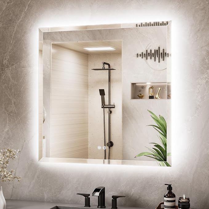 36 x 36 Square LED Mirror Backlit, Beveled Bathroom Mirror with Backlight, Safe Tempered Glass, 3 Color Temperature, Defogger, Dimmable, Smart Bathroom Mirror, Wall-Mounted Vanity Mirrors