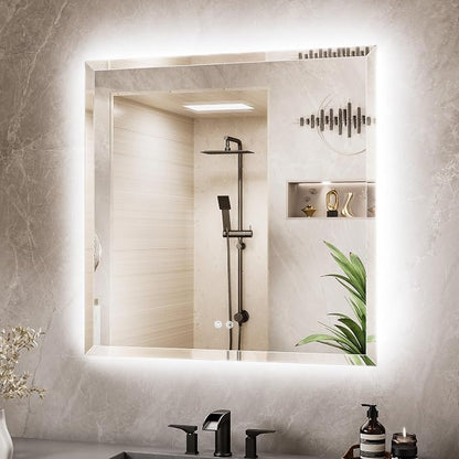 36 x 36 Square LED Mirror Backlit, Beveled Bathroom Mirror with Backlight, Safe Tempered Glass, 3 Color Temperature, Defogger, Dimmable, Smart Bathroom Mirror, Wall-Mounted Vanity Mirrors
