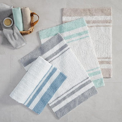 Madison Park Reversible Spa Rug 100%-Cotton Striped Ultra Soft Water Fast Bath Non-Slip Absorbent Quick Dry Mats for Tub, Shower Room, and Bathroom, 20"x30", Blue (MP72-6210) (Pack of 2)