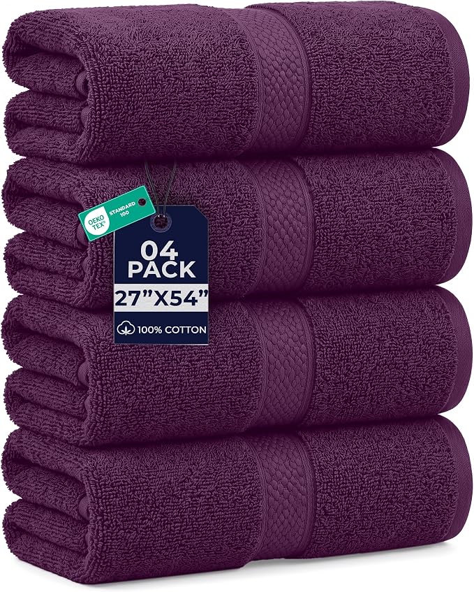 DAN RIVER 600 GSM Cotton Large Bath Towels Set of 4, 27 x 54 Inches, Purple | Larger & Lighter Weight Towels for Bathroom - Highly Absorbent & Quick Dry 100% Cotton Bath Towel Set for Home, Spa & Hotel