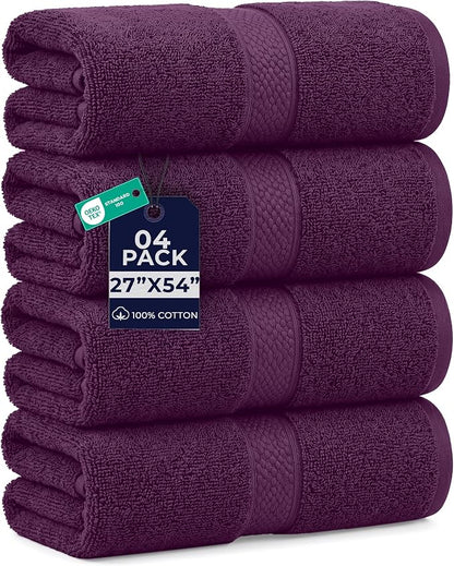 DAN RIVER 600 GSM Cotton Large Bath Towels Set of 4, 27 x 54 Inches, Purple | Larger & Lighter Weight Towels for Bathroom - Highly Absorbent & Quick Dry 100% Cotton Bath Towel Set for Home, Spa & Hotel