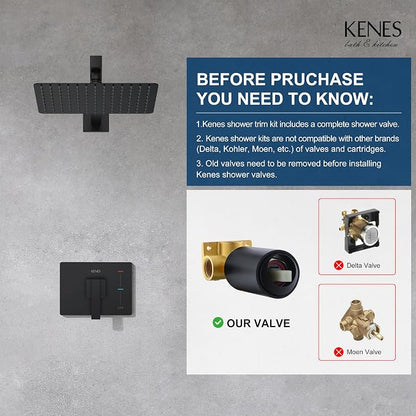 KENES Matte Black Shower Faucet Set, Square Shower Head and Handle Set | Shower Faucet with 10-Inch Rain Shower Head, Square Shower System, Valve Included, Lead-Free cUPC & NSF Certified, Stainless