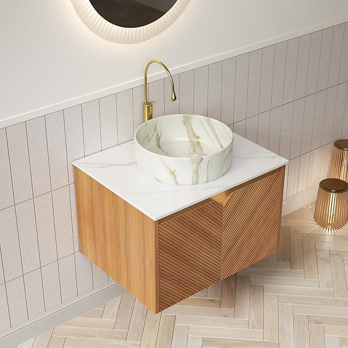 24 Inch Bathroom Vanity with Sink, Floating Fluted Vanity with Vessel Sink, Modern Wall Mounted Bathroom Vanity Cabinet with 2 Doors, White Marble Ceramic Sink & Sintered Stone Top, Oak