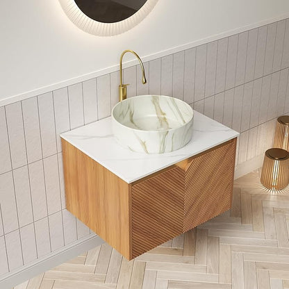 24 Inch Bathroom Vanity with Sink, Floating Fluted Vanity with Vessel Sink, Modern Wall Mounted Bathroom Vanity Cabinet with 2 Doors, White Marble Ceramic Sink & Sintered Stone Top, Oak