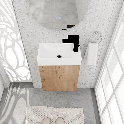 16 Inch Bathroom Vanity with White Sink Combo,Wall-Mounted Bathroom Vanity for Small Space,Modern Floating Bathroom Cabinet with Open Shelves,Brown