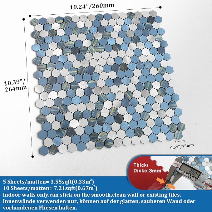 Stripe Hexagon Backsplash Tile Peel and Stick Blue 10pcs