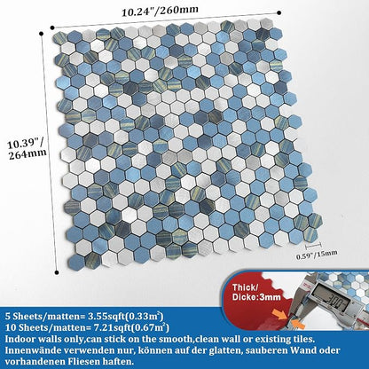 Stripe Hexagon Backsplash Tile Peel and Stick Blue 10pcs