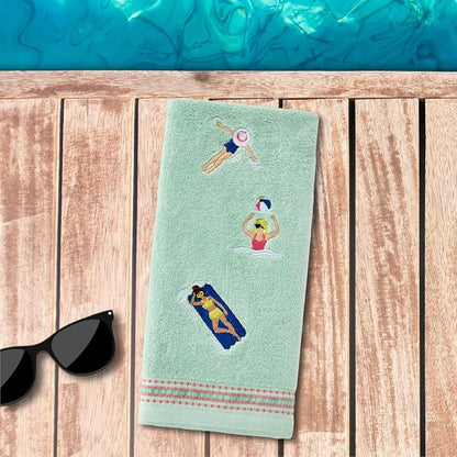 SKL Home Pool Party Hand Towel Set-2pc, Embroidered, Misty Jade | 100% Cotton. Decorative velour for summer fun & everyday décor. Can be used in the bathroom, kitchen, bar, or any sink space.