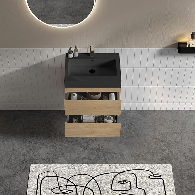 24" Floating Bathroom Vanity with Black Sink, Modern Bathroom Cabinet with Top and Soft Close Drawers, Spacious Storage for Small Space, Natural Oak - Lavanda Collection