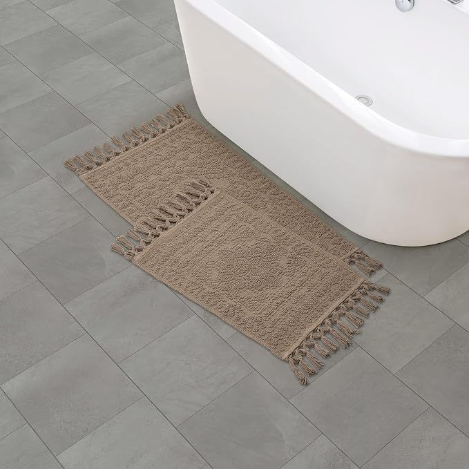 French Connection Nellore Bath Rugs, Set of 2 Woven and Beaded Bath Mats, Durable and Thick Bath Mats for Bathroom and Shower Rugs, 17" x 28" and 20" x 38", Light Yellow