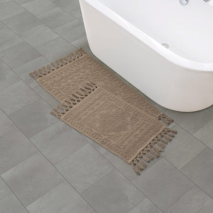 French Connection Nellore Bath Rugs, Set of 2 Woven and Beaded Bath Mats, Durable and Thick Bath Mats for Bathroom and Shower Rugs, 17" x 28" and 20" x 38", Light Yellow