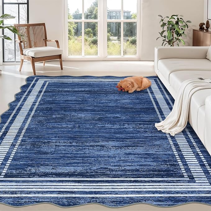 Garvee Navy Blue Scalloped Rug 8x10 Area Rug for Living Room Washable Rug | Rugs for Living Room, Non-Slip Soft Carpet for Bedroom, Scalloped Low-Pile Solid Rug Accent Rug for Dining Room Home Office