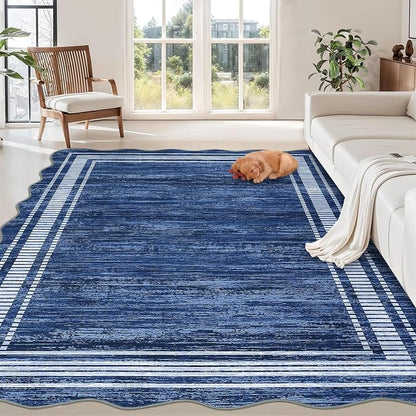 Garvee Navy Blue Scalloped Rug 8x10 Area Rug for Living Room Washable Rug | Rugs for Living Room, Non-Slip Soft Carpet for Bedroom, Scalloped Low-Pile Solid Rug Accent Rug for Dining Room Home Office