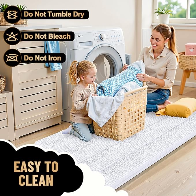 OLANLY Thick Bathroom Rugs 34x21, Soft Chenille Striped Bath Rugs, White | Rubber Backing, Machine Wash, Extra Absorbent Bath Mats for Bathroom Floor, Tub and Shower, Home Decor Accessories