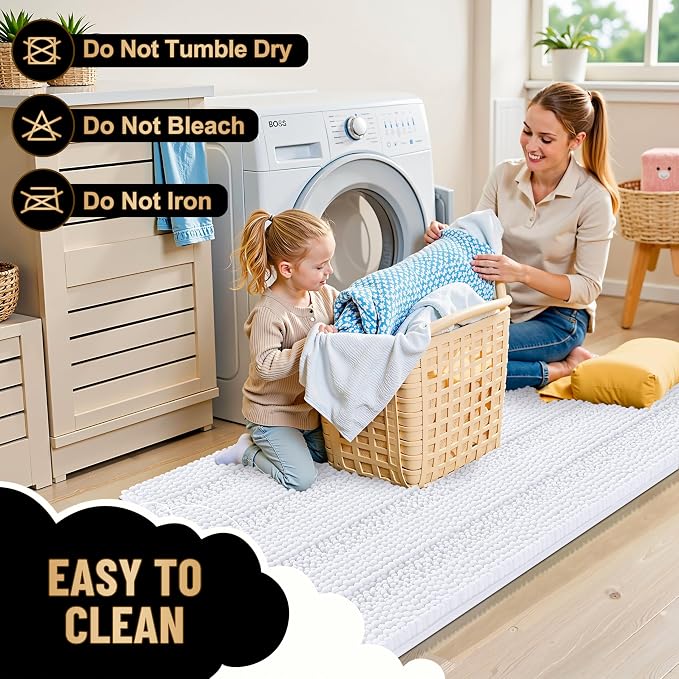 OLANLY Thick Bathroom Rugs 30x20, Soft Chenille Striped Bath Rugs, White | Rubber Backing, Machine Wash, Extra Absorbent Bath Mats for Bathroom Floor, Tub and Shower, Home Decor Accessories