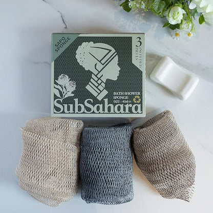 Authentic African Net Sponge, 3 Pack 45-Inch Exfoliating Bath Sponge and Shower Loofah for Body and Back, Colorfast Quick-Dry Knotted Mesh Scrubber with Travel Pouch