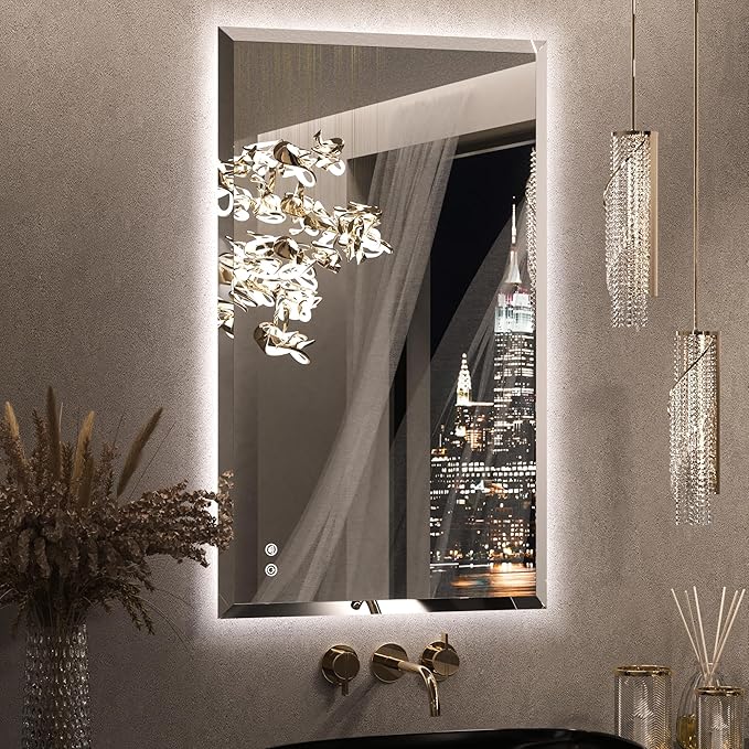 Keonjinn 24"x40" LED Mirror for Bathroom, Backlit Mirror with Beveled Edge | Safe Tempered Glass, Auto-OFF Defogging, Dimmable 3 Color Lights, Vertical/Horizontal, Lighted Mirrors for Bathroom Wall