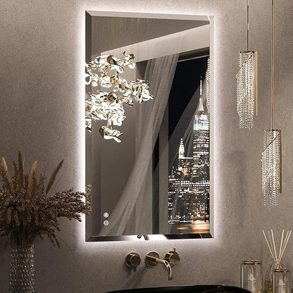 Keonjinn 24"x40" LED Mirror for Bathroom, Backlit Mirror with Beveled Edge | Safe Tempered Glass, Auto-OFF Defogging, Dimmable 3 Color Lights, Vertical/Horizontal, Lighted Mirrors for Bathroom Wall
