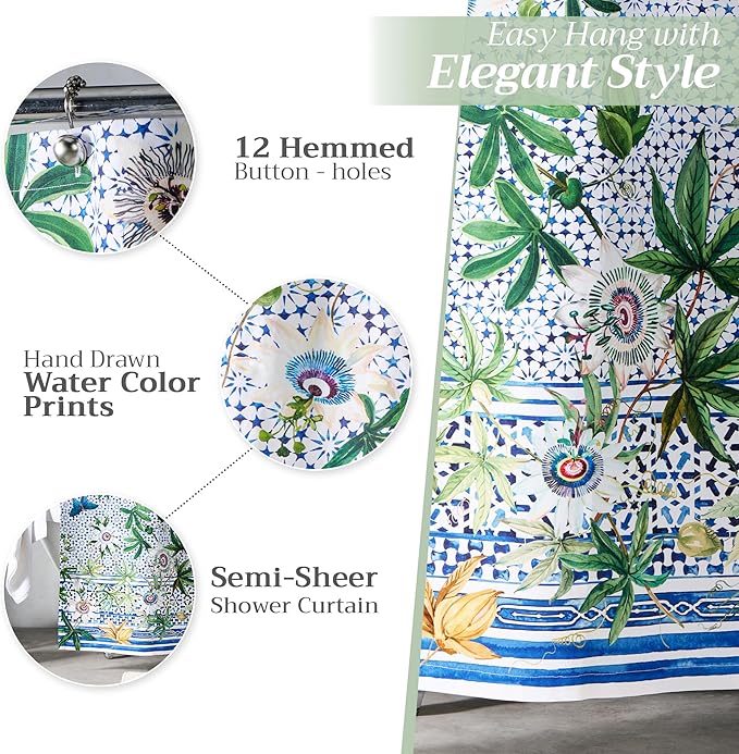 Maison d' Hermine Shower Curtain 100% Cotton One Panel 70"x72" Washable Fabric Shower Curtains for Bathroom, Easy Hanging with 12 Button Holes - Home Hotel Spa Easter Gifts (Passiflora)
