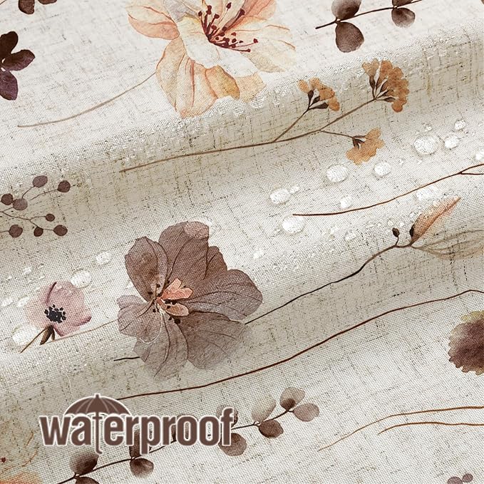 Brown Linen Watercolor Floral Fabric Shower Curtain, 72x72 | Linen Fabric, Modern Minimalist Floral Print, Machine Washable, Rustproof Grommets, for Bathroom Home