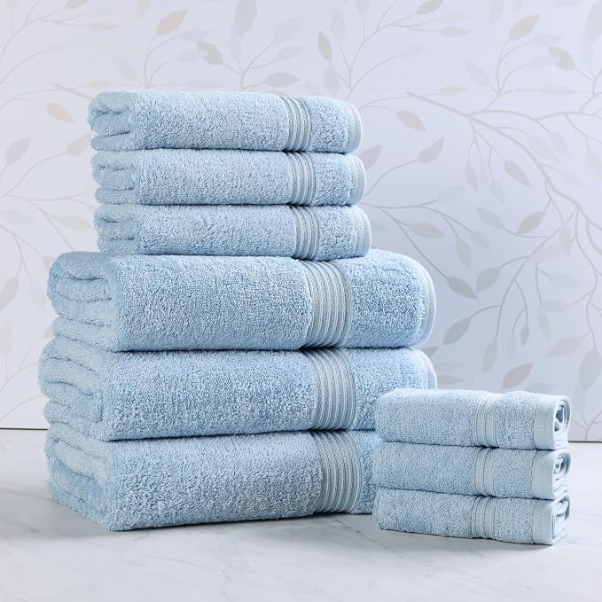 Superior Egyptian Cotton 9-Piece Towel Set, Assorted Towels for Home Bathroom, Guest Bath Decor Essentials, Includes 3 Bath, 3 Hand, 3 Face Towels/Washcloths, Quick Dry, Absorbent - Light Blue