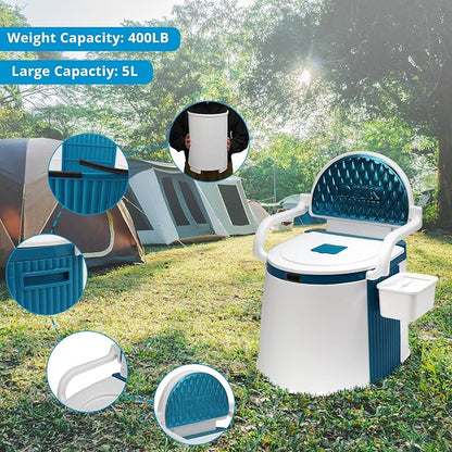 VINGLI Portable Toilet | Back & Handrail Design Commode with 5 Gallon Bucket Inner, Camping RV Toilet for Adult, Kids, Home, Boat, Van, Travel, Plastic, Blue & white