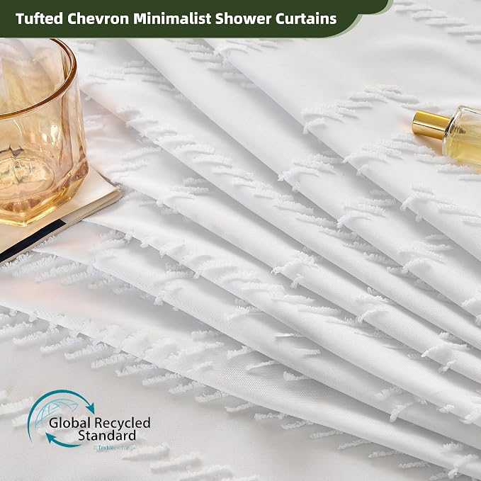 Siiluminisoy Extra Long White Boho Shower Curtain with Tassel, Woven Fabric 80 in Shower Curtain, Tufted Chevron Striped, 72 x 80, Modern Chic Textured Minimalist Bathroom Shower Curtains