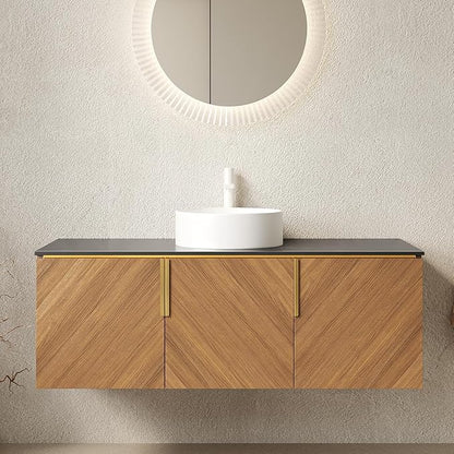 48 Inch Bathroom Vanity with Single Sink, Floating Bathroom Vanity with Vessel Sink, Modern Bathroom Vanity Cabinet with 3 Doors, Sintered Stone Countertop and Ceramic Sink,Brown Oak