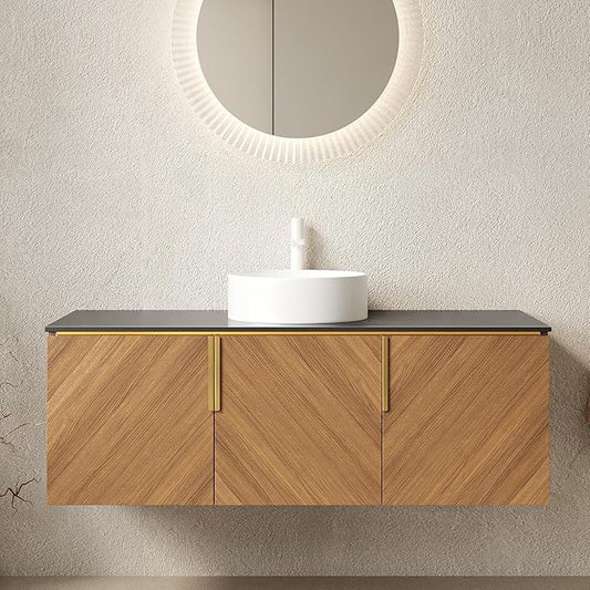 48 Inch Bathroom Vanity with Single Sink, Floating Bathroom Vanity with Vessel Sink, Modern Bathroom Vanity Cabinet with 3 Doors, Sintered Stone Countertop and Ceramic Sink,Brown Oak
