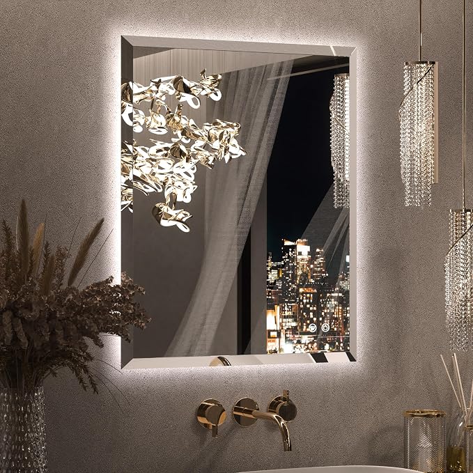 Keonjinn 24" x 30" LED Mirror for Bathroom, Backlit Mirror Beveled Edge | Safe Tempered Glass, Auto-OFF Defogging, Dimmable 3 Color Temperature, Effortless Installation, Lighted Bathroom Mirrors Wall