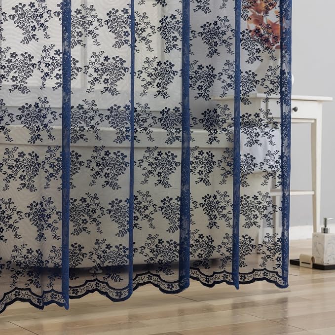 YJ YANJUN Navy Blue Lace Stand Up Shower Curtain for Bathroom 36x72 | Scalloped Shabby Chic Shower Curtain with Valance for the Small Stall Bathroom, Victorian Moody Narrow RV Curtain