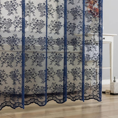 YJ YANJUN Navy Blue Lace Stand Up Shower Curtain for Bathroom 36x72 | Scalloped Shabby Chic Shower Curtain with Valance for the Small Stall Bathroom, Victorian Moody Narrow RV Curtain