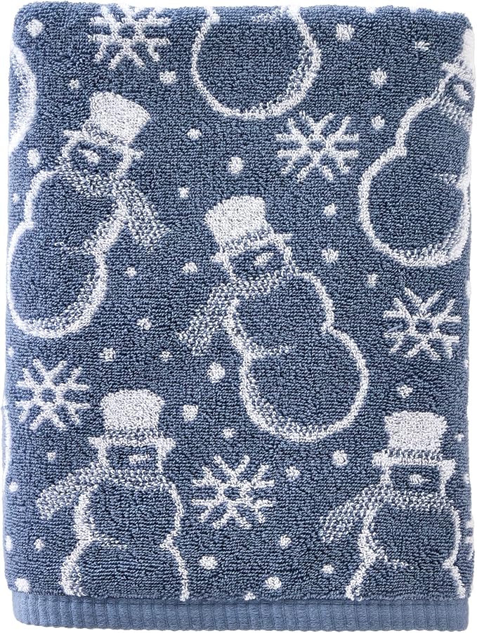 SKL Home Christmas/Winter Top Hat Snowmen Bath Towel, 100% Cotton, Blue | 550 GSM. Soft & absorbent. Reversible jacquard pattern. Great for use in the bathroom, kitchen or bar & gifting.