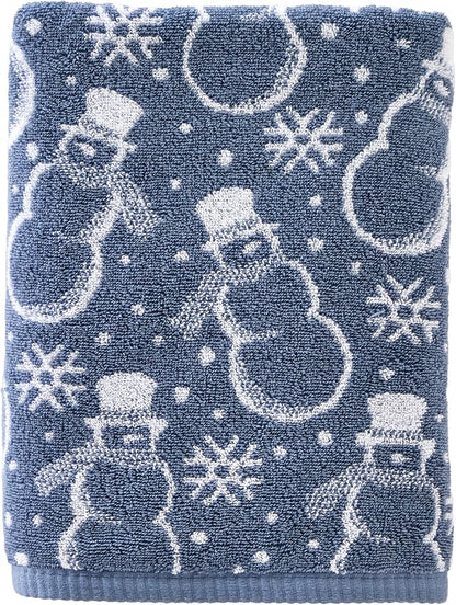 SKL Home Christmas/Winter Top Hat Snowmen Bath Towel, 100% Cotton, Blue | 550 GSM. Soft & absorbent. Reversible jacquard pattern. Great for use in the bathroom, kitchen or bar & gifting.