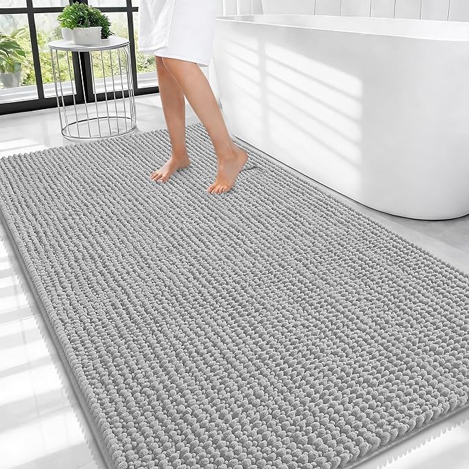 OLANLY Thick Chenille Large Bathroom Rugs Mats 44x32, Light Grey | Soft Absorbent Bath Rugs, Rubber Backing, Machine Wash Dry, Bath Mats for Bathroom, Tub and Shower, Home Decor Accessories