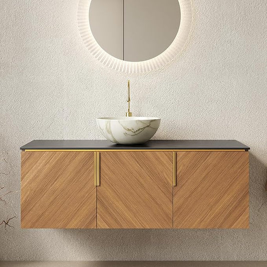48 Inch Bathroom Vanity with Single Sink, Floating Vanity with Vessel Sink, Modern Bathroom Vanity Cabinet with 3 Doors, Sintered Stone Countertop and White Bowl Basin,Brown Oak